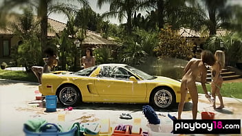 Preview 4 of Baby Raiping - Bubble covered ebony MILF Misty Stone and her nude teen GFs washing a car
