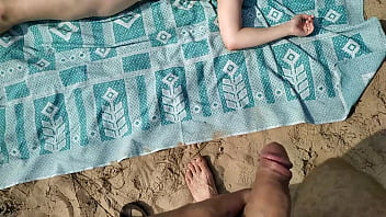 Preview 1 of 4k Big Boobs Busty - Big Dick Guy Jerks Cock Near Sunbathing Nude Beach Big Boobs Milf and He Massive Cumshot Near Her Body