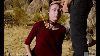 Preview 2 of Sweet Nipples - Petite,  hardcore submissive masochist Brooke Johnson drinks piss,  gets a hard caning,  and get a severe facesitting rimjob session on the desert rocks of Joshua Tree in this Domthenation documentary