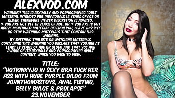 Preview 1 of Teen Tube Teatr Rostov - Hotkinkyjo in sexy bra fuck her ass with huge purple dildo from johnthomastoys,  anal fisting,  belly bulge &amp_ prolapse