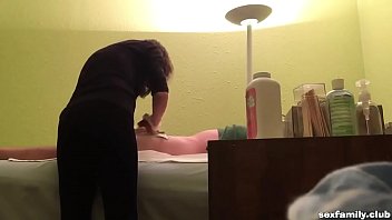 Preview 3 of Nadine Jansen Brests Big Boobs - Wax Salon Girl Strokes Hard Cock Of Customer On Hidden Cam