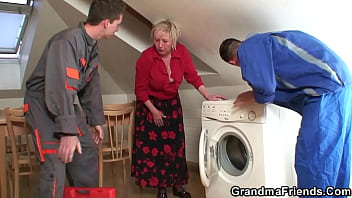 Preview 2 of Amateur Europe Milf - Very old blonde granny pleases two workers