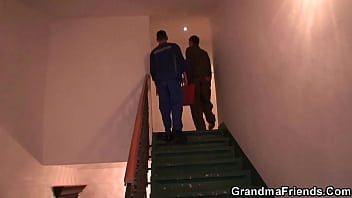 Preview 1 of Amateur Europe Milf - Very old blonde granny pleases two workers