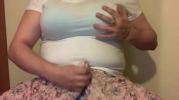 Preview 1 of Kajal Agarwal Porn Voe - Man With Huge Tits in Womens Clothes Strips to Bra and Panties,  then Jerks off