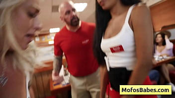 Preview 1 of Chanaisex - Ebony hottie share BBC with blonde busty friend in public diner - Elana Bunnz,  Eden West,  Derek Savage
