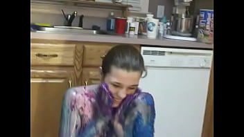 Preview 2 of Boss In Construction Work Sex - Teen chick strips and plays in puddle of body paint on the kitchen floor