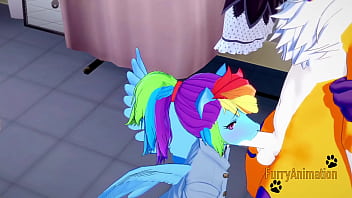 Preview 2 of Midget Man Sex Tall Girl - Digimon my little pony Yaoi - Renamon and Rainbow Dash handjoob blowjob and fucked with creampie in his ass - Yiff Anime Manga Gay