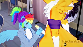 Preview 1 of Midget Man Sex Tall Girl - Digimon my little pony Yaoi - Renamon and Rainbow Dash handjoob blowjob and fucked with creampie in his ass - Yiff Anime Manga Gay