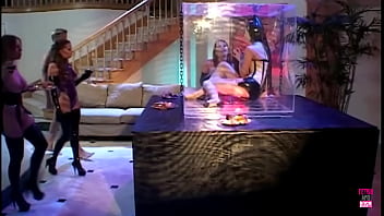 Preview 1 of Ukrainian Teen Stripteasing 23 - A masked girl in a cage watches a foursome in her slave training