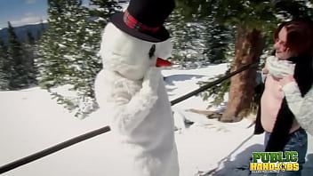 Preview 2 of Bella Bellz Pumping Full - PUBLIC HANDJOBS Brandi de Lafey gives frosty outdoor handjob to snowman