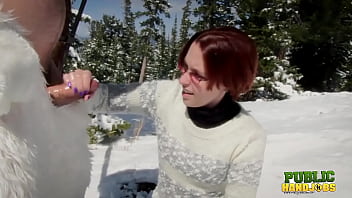 Preview 4 of Bella Bellz Pumping Full - PUBLIC HANDJOBS Brandi de Lafey gives frosty outdoor handjob to snowman