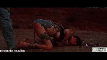 Preview 3 of Glass Dildo Solo - Ass eating bondage slave cries while her feet get caned outdoors in the dirt - Rocky Emerson