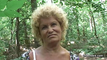 Preview 1 of Trannysauce Home Sex - Blonde granny fucked in the woods POV by stranger