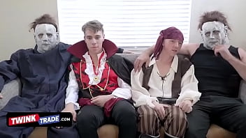 Preview 2 of High School Old Porno - Twink Trade - Hot And Horny Stepdads Put On Costumes And Surprise Their Teen Twinks On The Couch