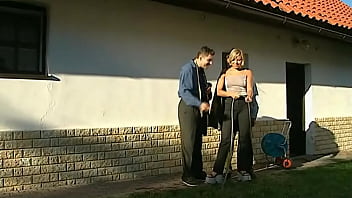 Preview 1 of Sweet Ass Plum - Cheerful chick Fucks with two men in the village