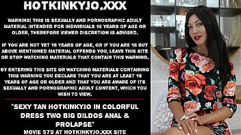Preview 1 of Handjob At Public Couple - Sexy tan Hotkinkyjo in colorful dress two big dildos anal &amp_ prolapse