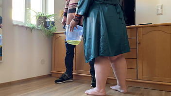 Preview 2 of Spa Blojob - Dear Stepmother-in-law takes off her panties and pees with her legs wide open in a bucket next to her son-in-law