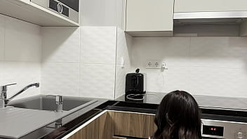 Preview 3 of Downloading New Sex - Hot Sexy Blonde Petite Girl in Black Shiny See Through Pantyhose No Panties in The Kitchen