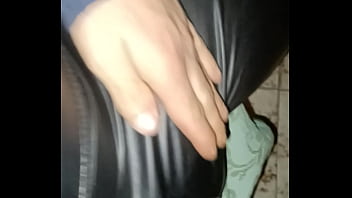 Preview 1 of Share Saks - Masturbation with black leather leggings and penis extender
