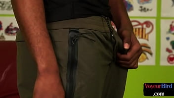 Preview 2 of Boys Wet Bottom Spanking - Busty british voyeur encouraging black wanker in kinky duo