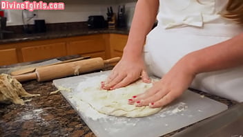 Preview 1 of Realamate - Ts ginger goddess wanking solo in kitchen while baking