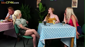 Preview 2 of Videos Bokep Anak Sekolah - CFNM slutty babes enjoy group BJ n HJ session during coffee