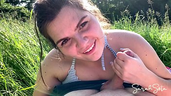 Preview 2 of Seachdmall - Outdoor Blowjob in the meadow while people walk by in public - cum in her mouth - Sarah Sota