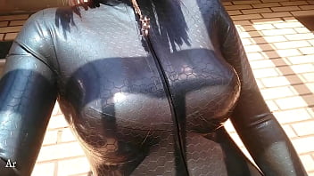 Preview 1 of Fit Cubi - Arya Grander in latex home selfie phone rubber catsuit video