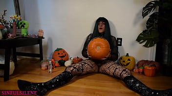 Preview 2 of Lesbian Eating Ass Creampies - Goth Transgirl Silene Stuffs Pumpkin