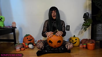 Preview 1 of Lesbian Eating Ass Creampies - Goth Transgirl Silene Stuffs Pumpkin