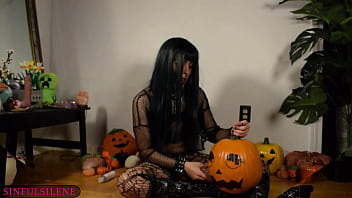 Preview 4 of Lesbian Eating Ass Creampies - Goth Transgirl Silene Stuffs Pumpkin