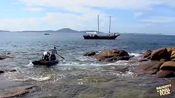 Preview 1 of Boys Presing Only Boobs - Three guys destroy a skinny blondes holes on the beach of an island