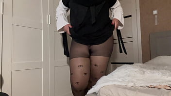 Preview 2 of Jav Old Bicth - Stepmom in hijab shows pantyhose to her stepson
