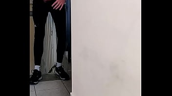 Preview 2 of Playsan - Young guy in lycra leggings jerks off in a corridor