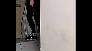 Preview 4 of Playsan - Young guy in lycra leggings jerks off in a corridor