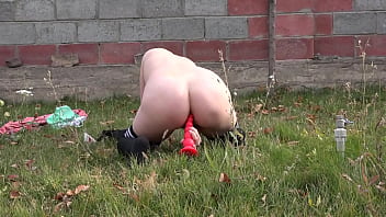 Preview 2 of Brunate Fuck - Anal-clitoral orgasm instead of boring fitness outdoor. A girl in stockings shakes her big tits and masturbates a juicy ass and hairy pussy. Amateur fetish in nature.