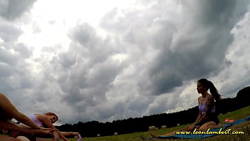 Preview 3 of Strip Tease For Her - No Panties Yoga Outdoor Girls in Shortest Miniskirt Skirts