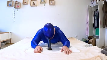 Preview 1 of Xxxx Chena Hd - Daddy covered in blue shiny spandex playing with big dildo cumming on his feet