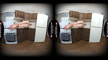 Preview 4 of Dip Water Xxx - Solo girl Sara Bork plays with a shaved pussy inthe kitchen while caressing her big tits in VR.