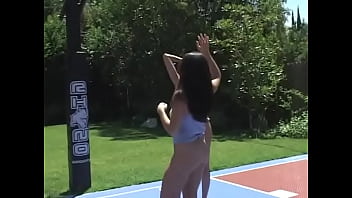 Preview 1 of Kayt Rina Kayf - Two horny brunettes suck pussies on the basketball ground