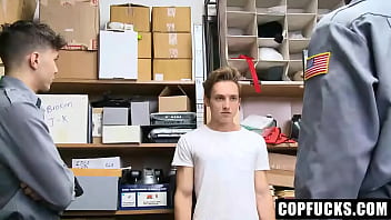 Preview 1 of Desk Old Play - Shoplifting Boy Had to Make Threesome With Two Officers For Freedom