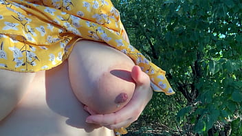 Preview 3 of Hintai Teen - Pregnant  MILF wife milking own huge lactating boobs in a public outdoor