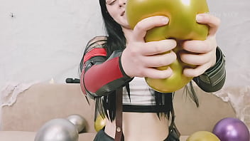 Preview 4 of Sunney Lenonn - Tifa Lockhart from Final Fantasy talks dirty,  blows balloons and pops them with her strong hands