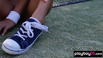 Preview 4 of Shemale Cum Filled Gangbang - Skinny latina babes Katherinne Sofia sensual striptease on the tennis field
