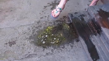 Preview 4 of Fucking Fuck Ponce - Mature pussy pissed near someone else&#039_s fence outdoors. Curvy MILF left a puddle of urine in a public place. Amateur fetish. ASMR.
