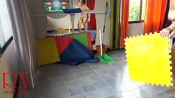 Preview 2 of Farik Girl Ka Oper - Nudist maid cleans the yoga room. A naked cleaner cleans mirrors,  sweeps and mops the floor. CAM 1