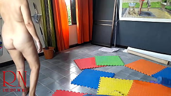 Preview 1 of Farik Girl Ka Oper - Nudist maid cleans the yoga room. A naked cleaner cleans mirrors,  sweeps and mops the floor. CAM 1