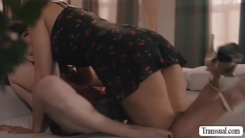 Preview 2 of Offfic Sex - Skinny trans fucks her busty bestfriend
