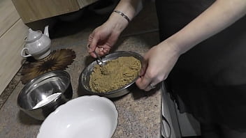 Preview 2 of 3gp Thrat - Milf. Beautiful sexy blonde MILF Frina in transparent peignoir without panties in kitchen continues naked cooking and prepares sweet dessert for New Year. Then masturbates wet pussy with fingers and gets strong orgasm. Pussy masturbation. Hairy pussy Tits