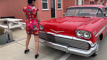 Preview 1 of Using Dildo Fat Emi - Viva Athena in Classic Car (1958 Impala)